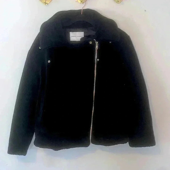 $378 Rebecca Minkoff Teddy Black Moto Biker Aviator Faux Fur Jacket Coat size S​ - Picture 4 of 9
